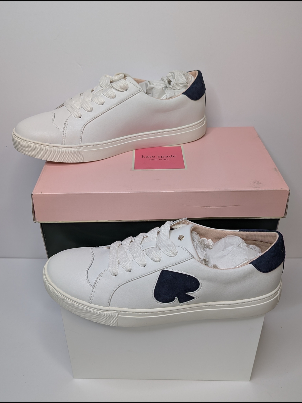 Kate Spade Signature Fez Leather Court Women's 11b White And Navy Sneakers